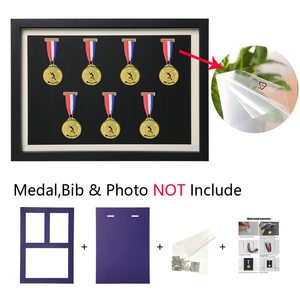 Boîte à médailles Shadow Box, grande taille A3, avec cadres métalliques verrouillables à fixer au mur, pour dossards de course, photos et médailles sportives, finition noire - Product Image 2