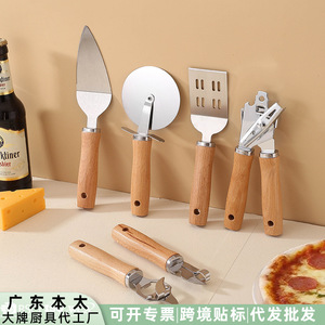 Juego de Utensilios de Cocina Mini de Acero Inoxidable con Mango de Madera de Haya, 6 Piezas: Espátula para Pizza, Rodillo, Cuchillo, Abrebotellas, Abrelatas - Product Image 4