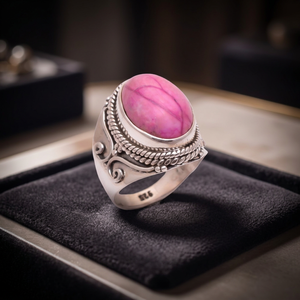 Anillo de cóctel chapado en plata de ley 925 vintage con bisel de piedra howlita rosa, joyería unisex para uso diario. - Product Image 2