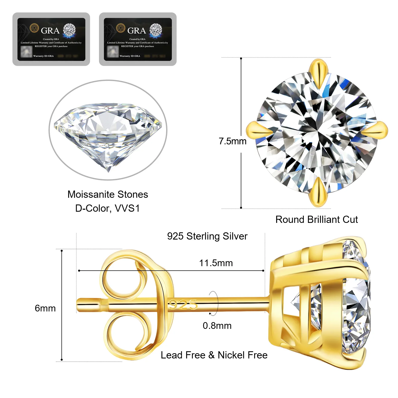 KRKC Wholesale VVS1 0.5ct 0.6ct 0.8ct 1.0ct925スターリングシルバーダイヤモンドメンズイヤリングモアッサナイトウェディングスタッドピアス花嫁用