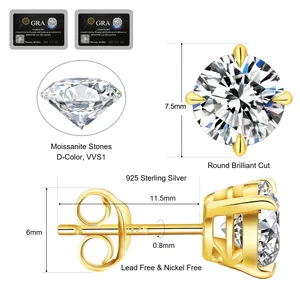 KRKC vente en gros VVS1 0.5ct 0.6ct 0.8ct 1.0ct 925 argent Sterling diamant hommes boucle d'oreille Moissanite mariage boucles d'oreilles pour la mariée