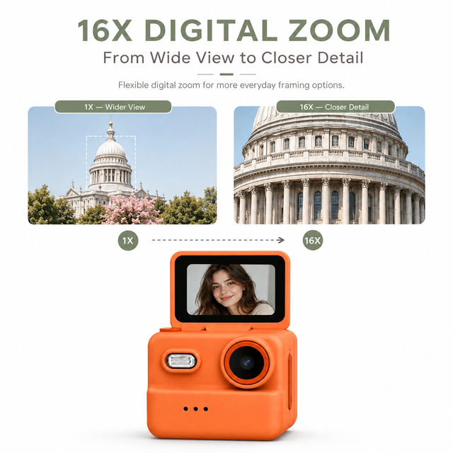 Mini Digital Camera Thumb Camera 1.47 Inch Flip Screen 16X Zoom Built in Flash Rechargeable Kids Camera Vlogging Selfie Gift