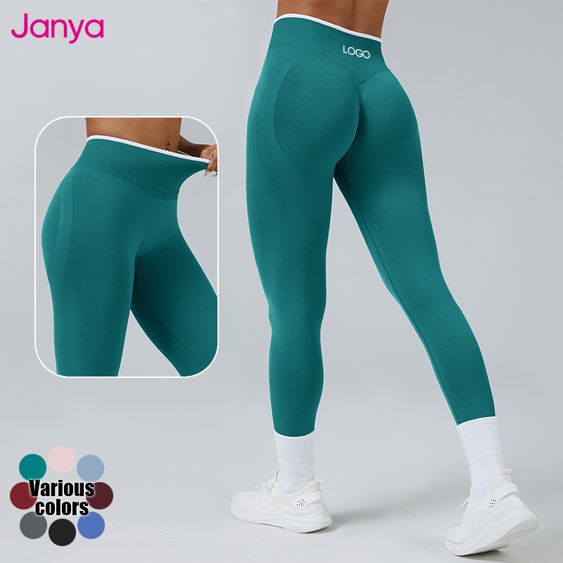 Janya XL Size High Waist Seamless Yoga Leggings Women Color Blocking Waistband Sports Gym Fitness Pants Scrunch Print Spandex
