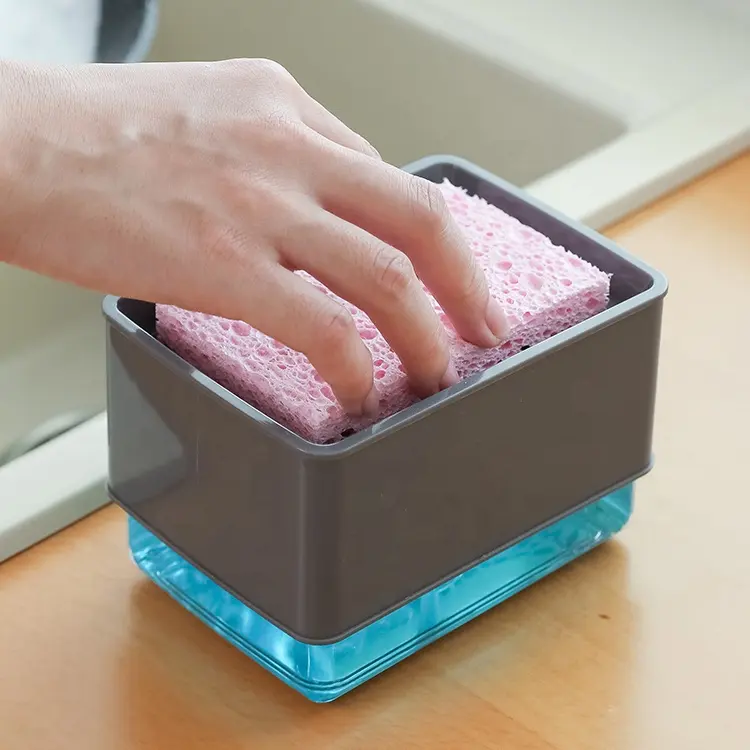 Dispensador de jabón portátil para cocina, 350ml, tipo prensa, con soporte para cepillo de esponja