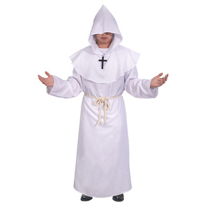Túnicas de monje medieval para adultos, unisex, disfraz de sacerdote con capucha blanca, con cruz y cinturón de cuerda para cosplay de Halloween - Product Image 1