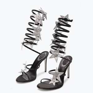 Sandales à talons hauts pour femme, style habillé, à lanières croisées longues à la cheville, ornées d'étoiles brillantes, sexy, grande taille 46, coupe large, talon aiguille - Product Image 3