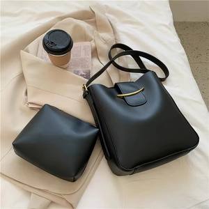 2 Pcs/set Vintage Simple <b>Small</b> PU Leather Bucket Crossbody <b>Bags</b> for Women Designer Lady Luxury <b>Black</b> Shoulder Handbags - Product Image 5