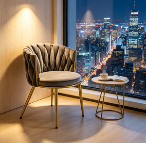 Chaise de salle à manger moderne de luxe nordique en velours tissé avec pieds en métal doré, dossier et rembourrage doux pour la maison, le restaurant, le café, la chambre et le salon - Product Image 2