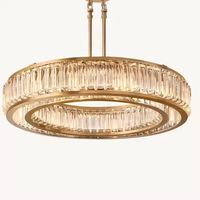 Lámpara de Techo de Estilo Clásico Americano, Diseño de Doble Anillo Negro, Cristal K9 y Cobre, para Sala de Estar o Villa