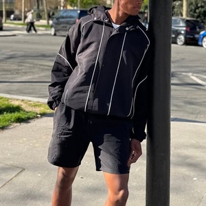 Custom <b>Men</b> 2 Piece Tracksuit White Contrast Piping Hooded Windbreaker <b>Jacket</b> Casual Shorts Streetwear Matching Outfit - Product Image 2