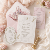 Suite d'invitations de mariage de luxe gaufrées avec doublure d'enveloppe en forme de château, design floral personnalisé, impression numérique, papier fantaisie