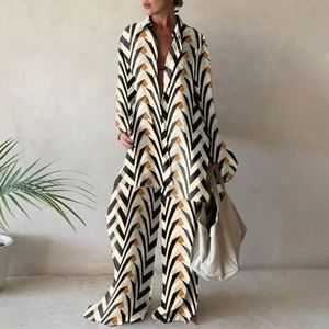 S-5XL femmes ample longue chemise + pantalons longs 2 pièces ensemble imprimé à manches longues bouton col en v revers col hauts vacances costumes décontractés - Product Image 4