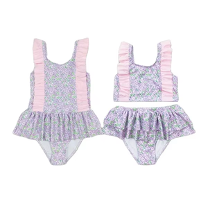 Maillots de bain d'été en gros pour petites filles, imprimé floral, sans manches, à volants, pour enfants - Product Image 1