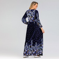 RO9200 Vêtement islamique vintage, abaya à imprimé floral, col à nouer avec pompon, manches longues lanternes, robe maxi pour femmes modestes, tenue de soirée