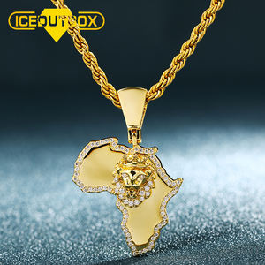 Iced Out 18K liontin Hiphop pria, berlapis emas kuningan Bling singa <span class=keywords><strong>King</strong></span> Mahkota peta Afrika perhiasan AAAAA zirkon - Product Image 1