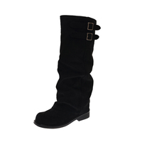 Bottes hautes en daim pour femmes, style décontracté, bout rond, talon bloc, double boucle, bottes de mode western, 3 couleurs
