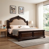 Lit double en chêne massif de style néoclassique américain, 1,8 mètre, avec tête de lit rembourrée en cuir pour chambre principale