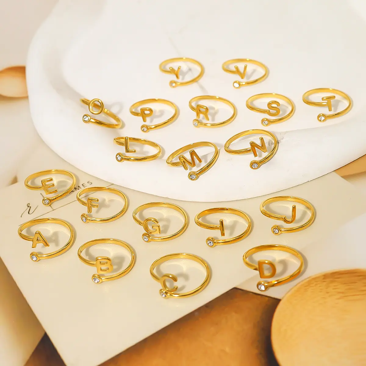 Set Cincin huruf emas asli berlapis elektro 18K, dengan berlian, hadiah perhiasan terbuka, pesta, pernikahan, tidak pudar, tidak menyebabkan alergi