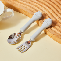 Ensemble de fourchettes et de cuillères en silicone et acier inoxydable sans BPA en forme de patte de chat pour tout-petits, poignée antidérapante, vaisselle lavable pour enfants