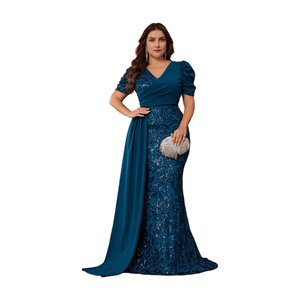 Abito Lungo <span class=keywords><strong>da</strong></span> <span class=keywords><strong>Sera</strong></span>/Cocktail Elegante Plus-Size Stile Europeo-Americano con Paillettes, Patchwork, Scollo a V e Maniche a Sbuffo in Poliestere - Product Image 4