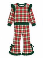 Ensemble pyjama à carreaux pour filles, haut à manches longues et pantalon évasé à volants, tenue de Noël très vendue