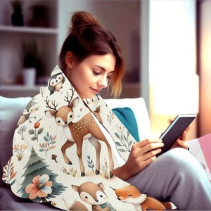 Cute Forest Animal Print Plush Flannel Fleece Throw <b>Blanket</b> Rectangular Pastoral Style Eco-Friendly Home Decor Autumn Season - Product Image 2
