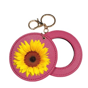 Custom Flower Printing pink Leather Cover Mini Compact Cosmetic Mirror Keychain Bag Decoration Mirror