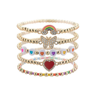 New Trendy Fashion Gold Beads Beaded Stretch <b>Bracelet</b> With <b>Cute</b> Colorful Enamel Heart Charm <b>Bracelets</b> for Women Girls - Product Image 1