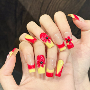 Ongles en gel 3D rouges style tropical d'été Design K44, ongles carrés français épais en acrylique <span class=keywords><strong>rouge</strong></span> et jaune faits à la main, à presser - Product Image 2