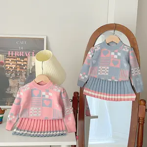 Automne hiver vêtements pour enfants tricot pull jupe 2 pièces tenues mignon géométrique conception garder au chaud enfants vêtements filles 2023