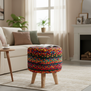 Taburete Otomano Moderno de 2 Piezas con Base de Madera y Diseño de Yute y Algodón, Multifuncional y con Cambio de Color, para Sala de Estar, Dormitorio y Bodas - Product Image 3