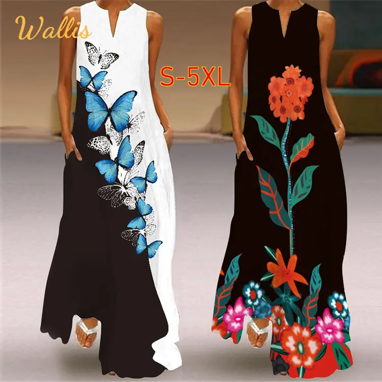 Flowers Printed Black Dress 2022 Elegant Casual Vintage Dresses Woman Summer Beach Sleeveless Girls Long Dress Women Sundress