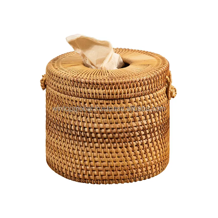 Hot Sales Safety Material Round Tube Wicker Rattan Tissue Paper Box Toilet Paper Holder Wholesale Handmade