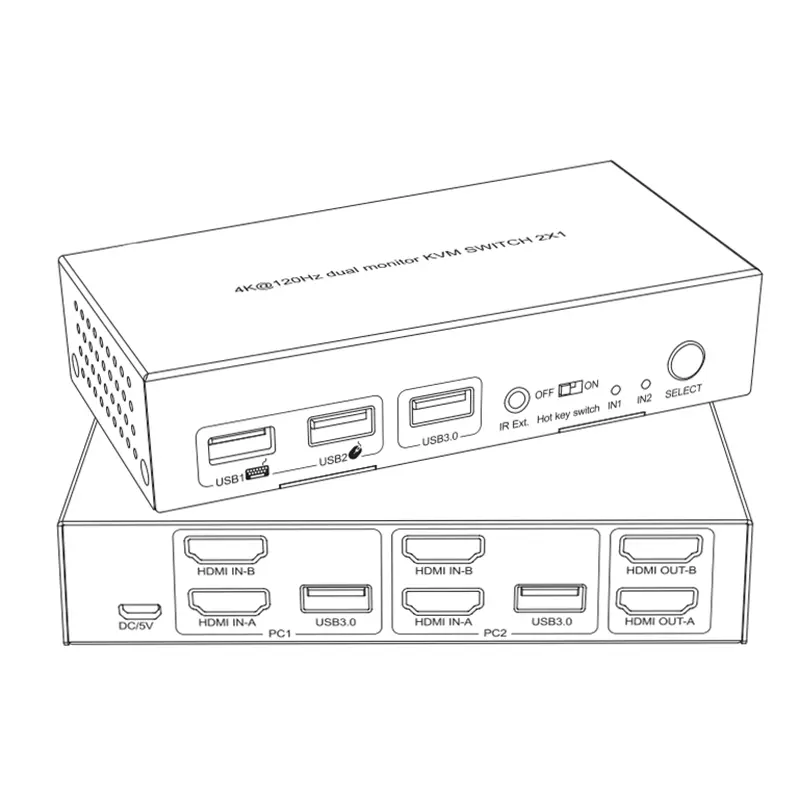 8K @ 60Hz 4K @ 120Hz HDMI USB 3.0 KVM 스위치 2 포트 듀얼 모니터 확장 디스플레이 KVM 스위처