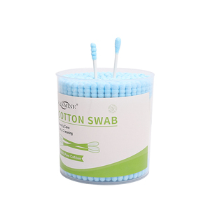 Venta caliente buena calidad Q Tips 200 Uds tornillo <span class=keywords><strong>punta</strong></span> redonda bastoncillo de algodón cabeza <span class=keywords><strong>azul</strong></span> palo de papel brote de algodón con caja redonda - Product Image 1