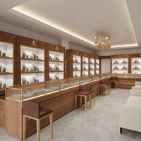 Vitrine murale rétroéclairée Sundo Jewelry Shop, comptoir long en verre, unité de présentation en noyer doré pour magasin de détail