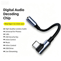 Adaptateur audio USB C 3,5 mm en alliage d'aluminium, prise casque Type C, DAC stéréo, micro HiFi, dongle à angle droit, compatible avec les ordinateurs portables, LED