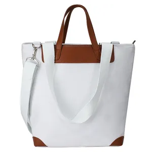 Custom Printed Logo Zipper Shopping Cooler Shoulder Cotton Canvas Tote Bag With Leather Handle