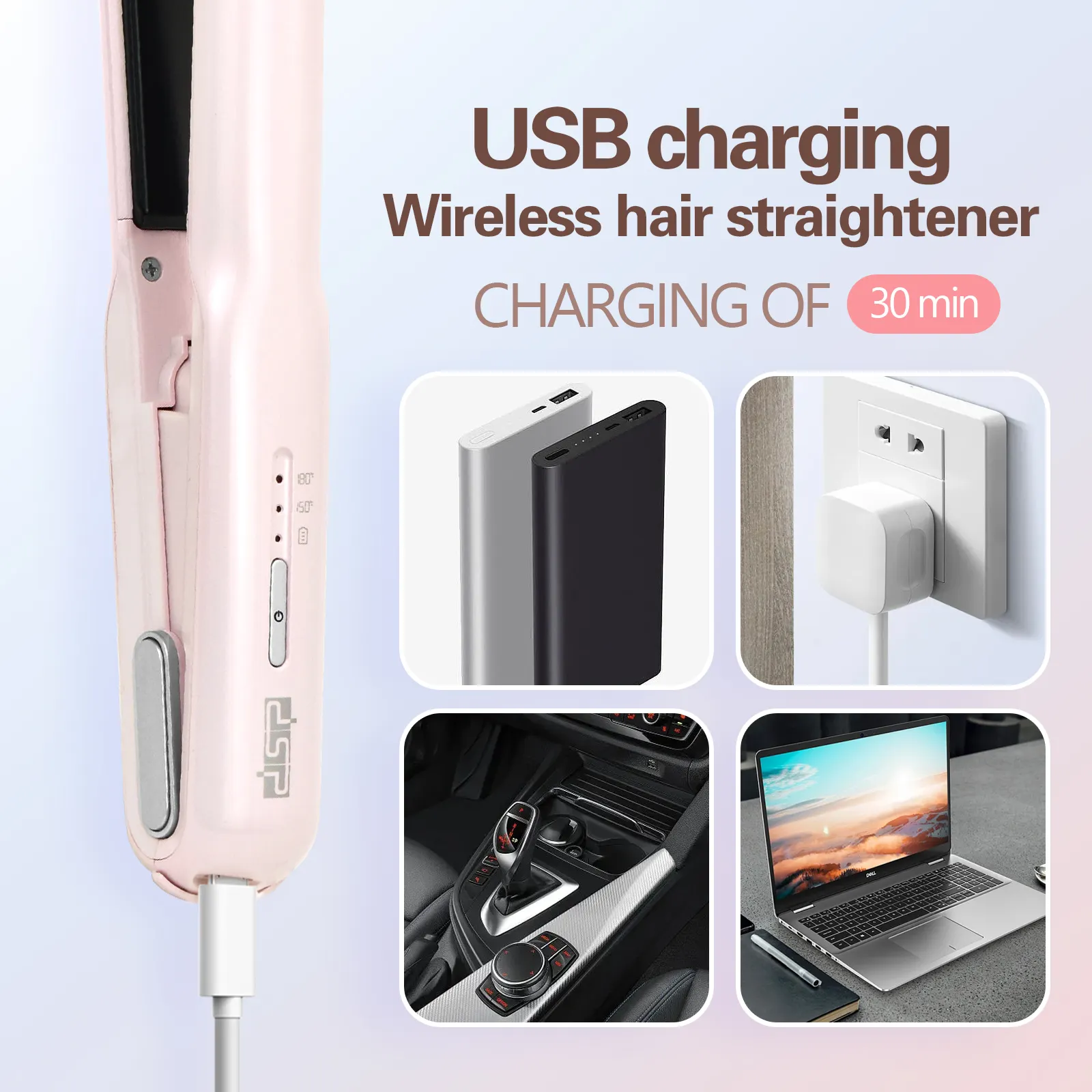 DSP Professional USB Rechargeable Cordless Portable Automatic Aluminum Flat Iron With LED Display Hair Straightener