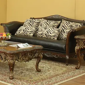 Хорошее качество, Прямая продажа с фабрики классический стиль твердой древесины кожаный диван 3-местный диван для гостиной