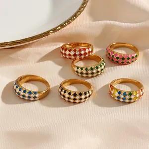 New Design Y2k Colorful Checkerboard Tarnish Free Jewelry Rings Stainless Steel 18K Plated Gold Enamel Ring