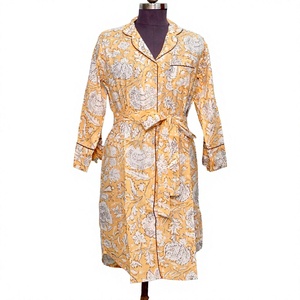 Robe midi en coton 100% faite à la main à imprimé floral, col rabattu, manches longues, coupe ample décontractée, style printemps pour femmes - Product Image 1