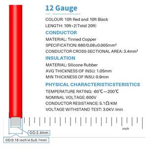 Alambre <span class=keywords><strong>de</strong></span> <span class=keywords><strong>silicona</strong></span> industrial <span class=keywords><strong>de</strong></span> 12 AWG y 600V, alambre <span class=keywords><strong>de</strong></span> cobre estañado trenzado flexible rojo y negro <span class=keywords><strong>de</strong></span> 10 pies, alambre <span class=keywords><strong>de</strong></span> alta permeabilidad, cables blandos - Product Image 2