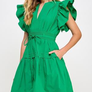 Vestido de Lino y Algodón con Volantes, Estilo Casual, Cuello en V, Corte en A, Manga Corta, Midi, Verano, Personalizable - Product Image 2