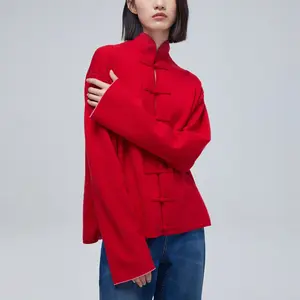 새로운 중국 스타일 레드 니트 풀오버 가디건 아트 두꺼운 긴팔 탑 스웨터 코트 가을 겨울 슬림 핏 여성 가디건