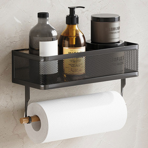 Wocube Étagère murale en métal grillagé avec porte-serviettes en papier pour cuisine et salle de bain, noire, lot de 1 - Product Image 1