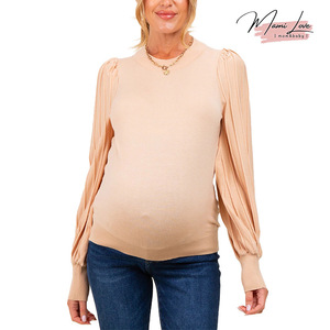 Haut <span class=keywords><strong>de</strong></span> maternité en maille côtelée beige à manches bouffantes, extensible et respirant, 100 % coton, idéal pour l'été - Product Image 1