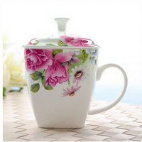 Set Peralatan Makan Bone China, Mug Berpenutup Motif Bunga Putih, Ramah Lingkungan, Kapasitas Besar, Aman untuk Microwave, Cangkir Kopi/Teh Keramik dengan Tutup dan Alas