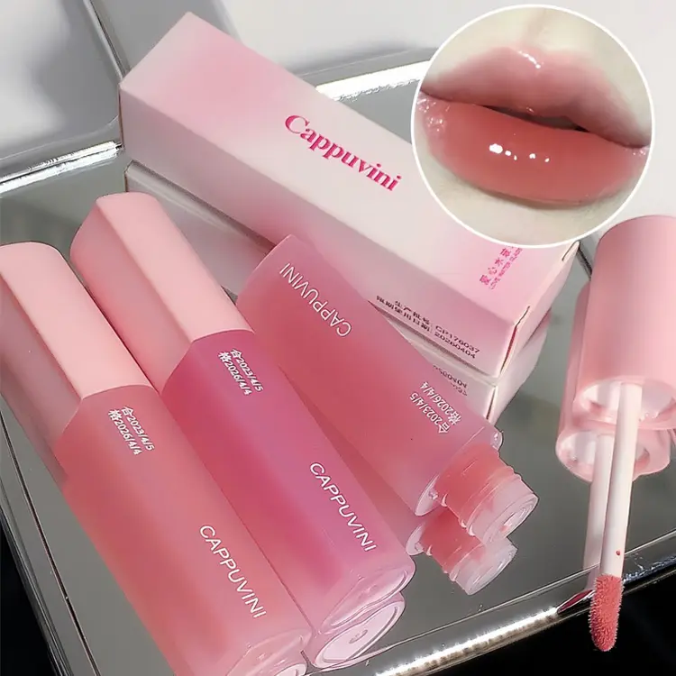 카푸 비니 핑크 러브 하트 디자인 립 글레이즈 미러 워터 라이트 유리 투명 립 글로스 보습 여성 귀여운 립스틱