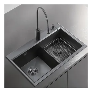 最优惠的价格黑色顶部moout不锈钢厨房水槽9048纳米304不锈钢手工制作厨房水槽。